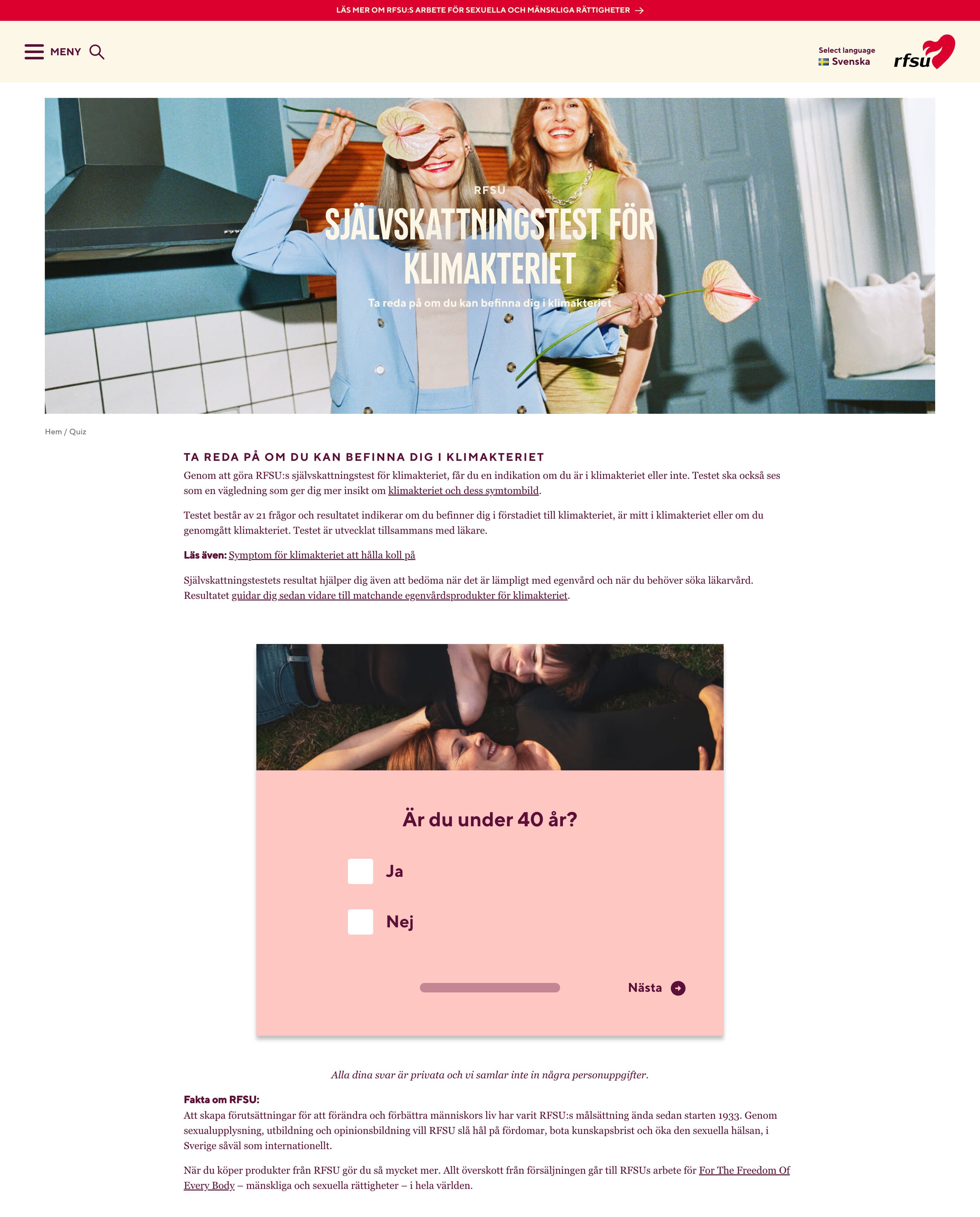 Digialbyrå exempel hemsida - RFSU FemCare Menopause Quiz