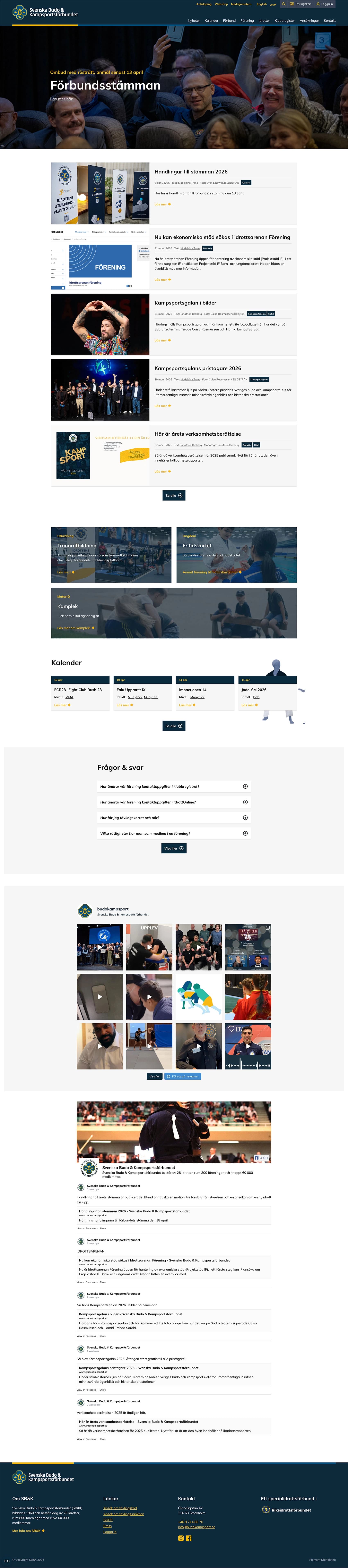 An association website with images and text about events and activities. Includes sections for news, upcoming events and social media.
