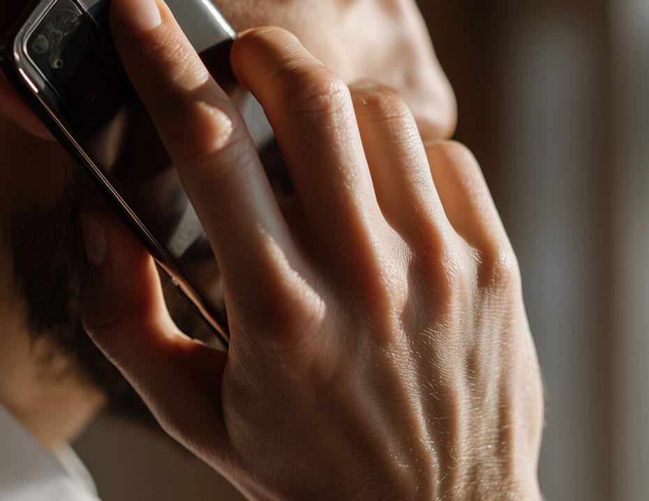 En person pratar i mobiltelefon och tittar ut genom ett fönster.