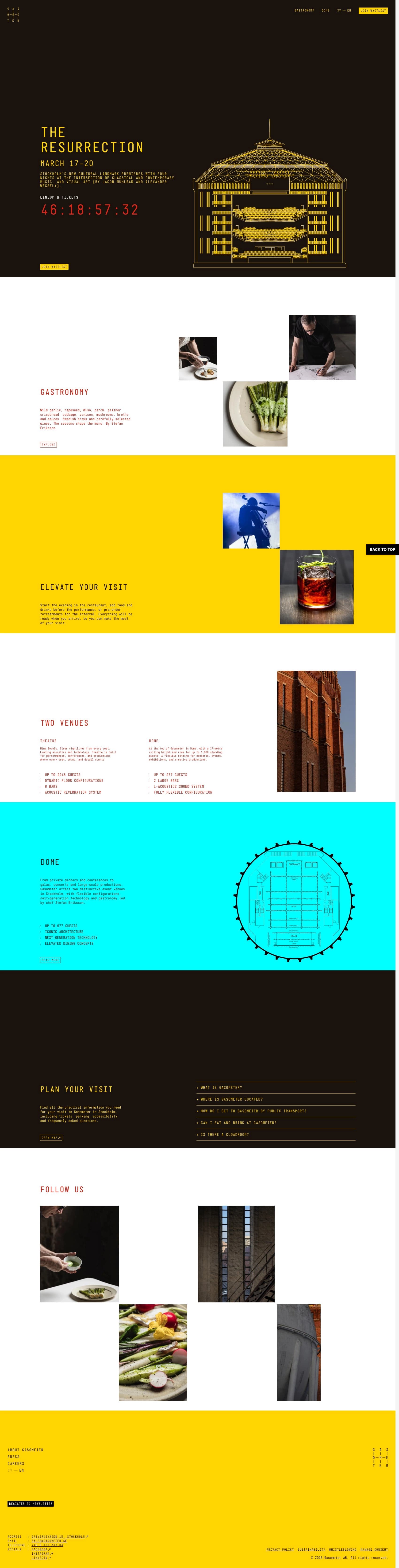 The Gasometer.se homepage in a desktop view, featuring a drawing of a building and the text The Resurrection Begins at the top.