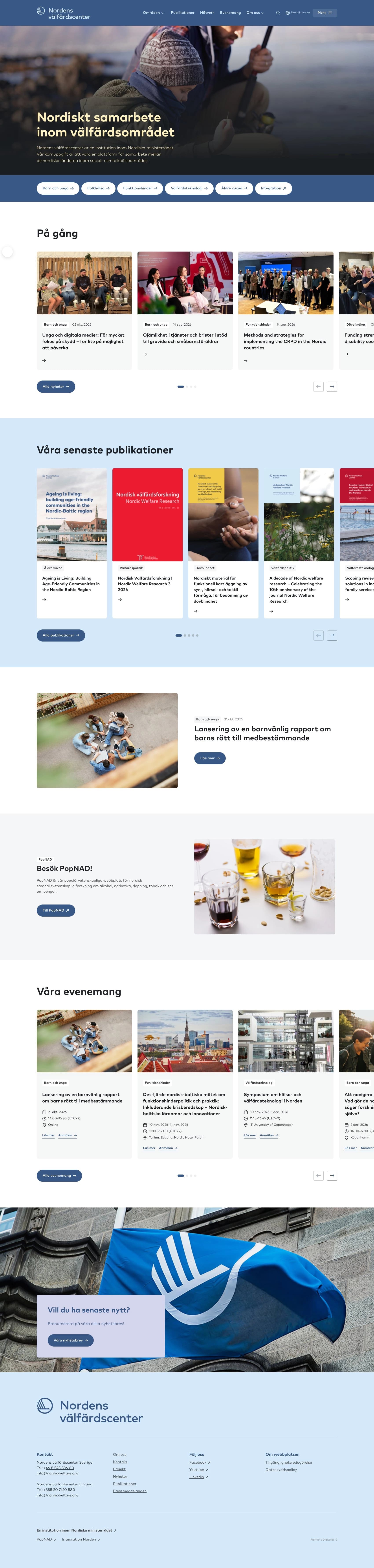 Nordens välfärdscenter’s homepage in desktop view, with the main heading Nordic cooperation on welfare at the top.