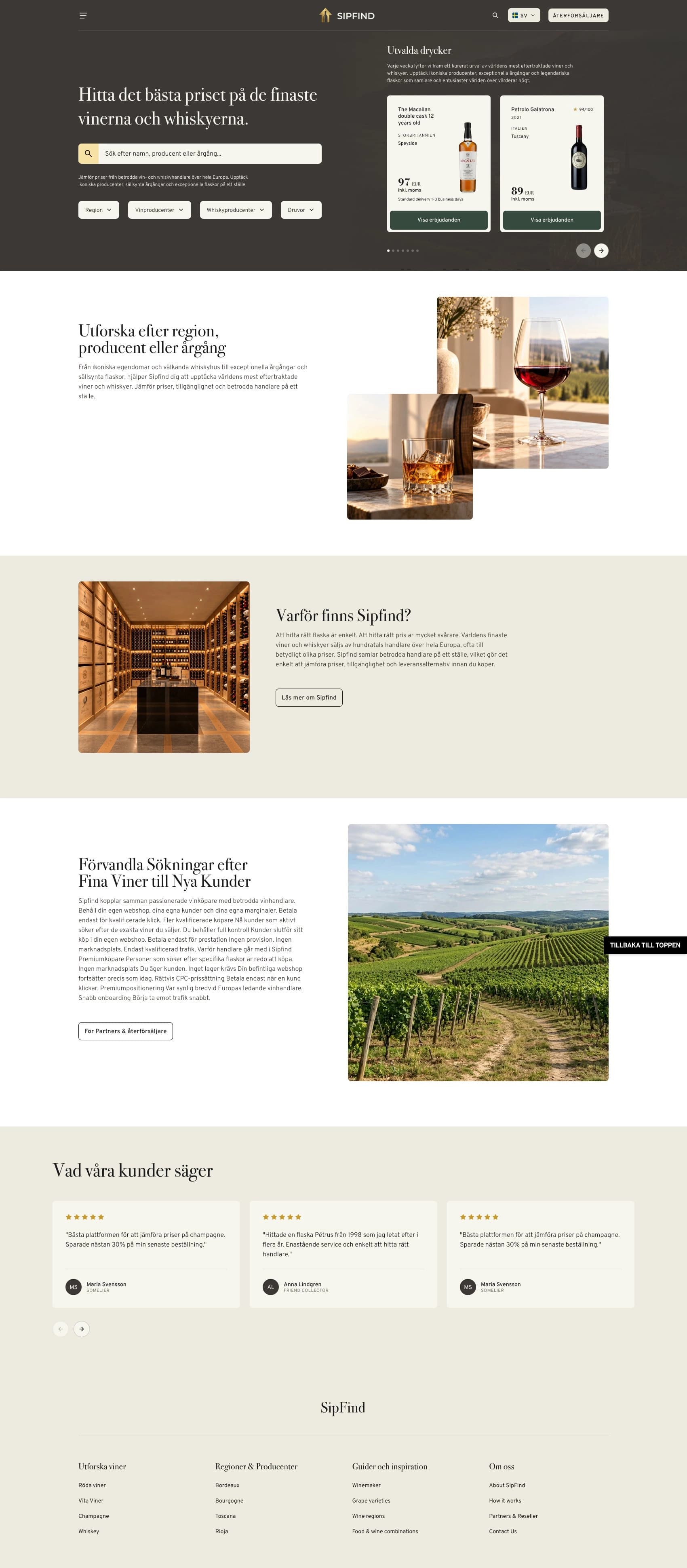 SipFind's website in full-screen view, with the heading Find the best price on the finest wines and whiskies.
