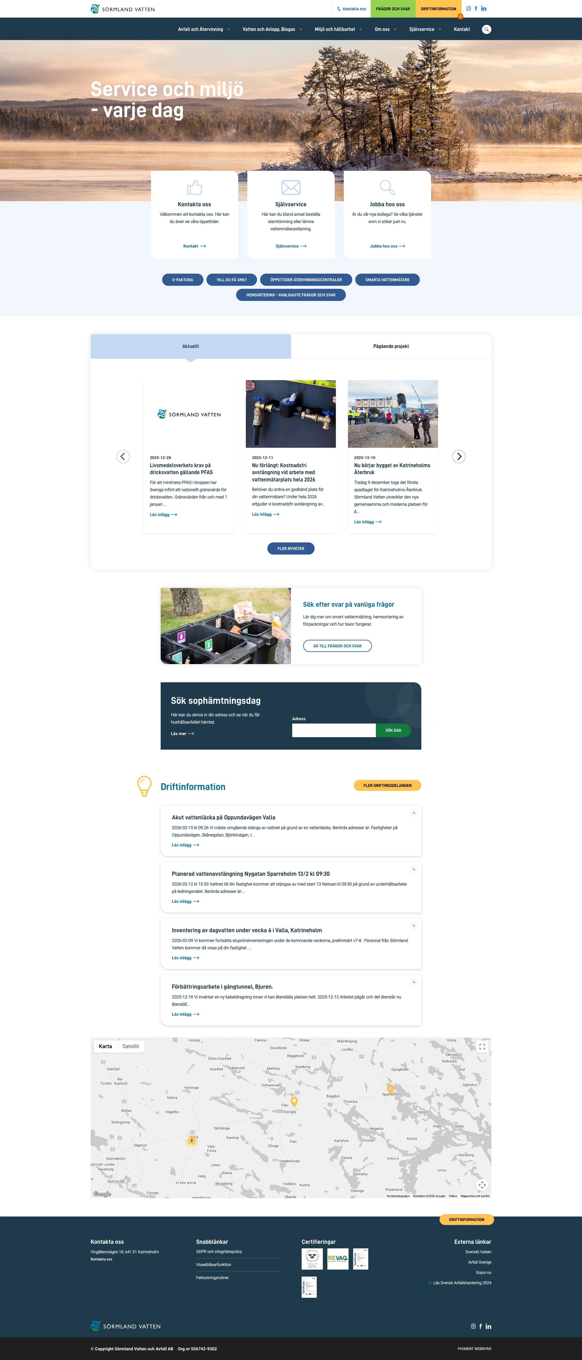 Sörmland Vattens hemsida på Pigment, visad på en datorskärm, med rubriken Service och miljö varje dag.