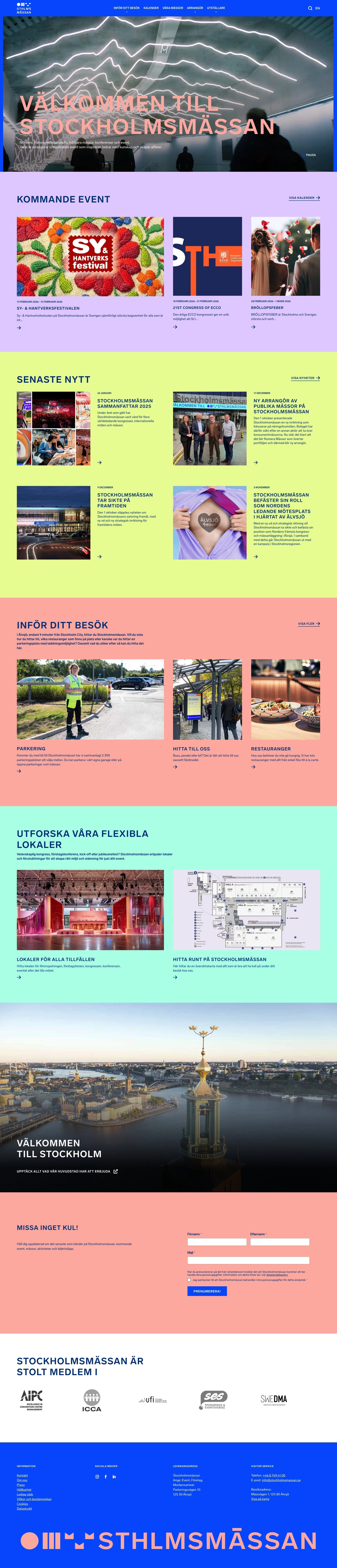 Stockholmsmässans hemsida visad i datorskärm med rubriken VÄLKOMMEN TILL STOCKHOLMSMÄSSAN.