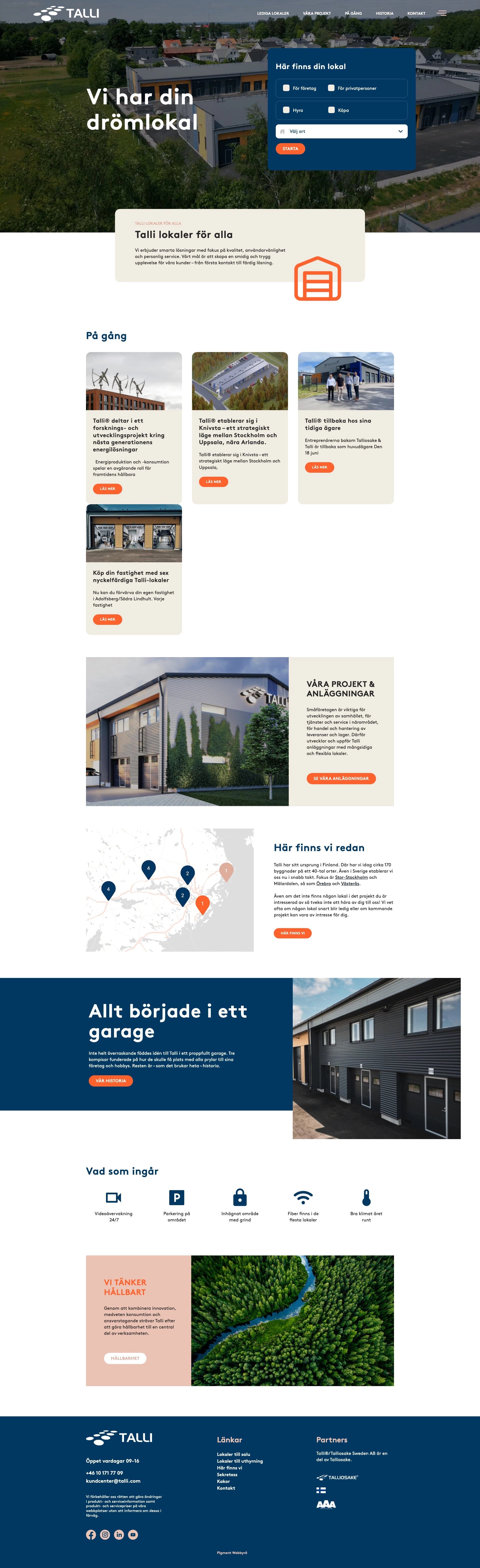 Tallis website in desktop view, with the heading “We have your dream space”. Shows a list of projects and contact information.
